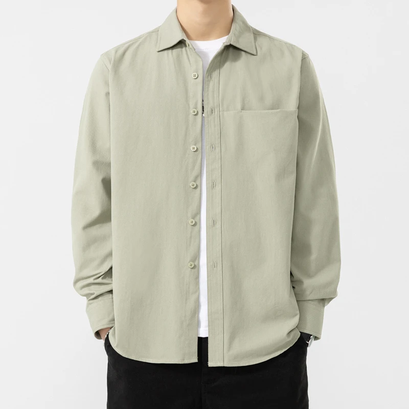 纯色时尚男士纯棉长袖衬衫宽松百搭休闲春秋装新款翻领衬衣春秋