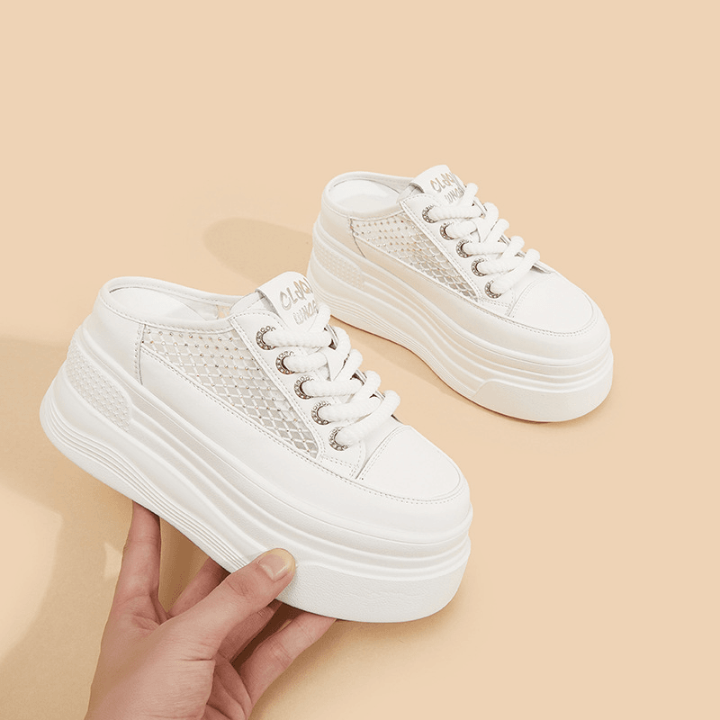 【专柜399】真皮包头拖鞋女2024春夏新款内增高女鞋厚底透气小白鞋i