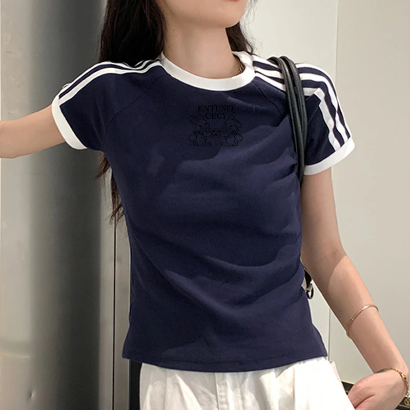 纯棉显瘦修身短款减龄藏青色短袖t恤女休闲美式辣妹时尚圆领上衣