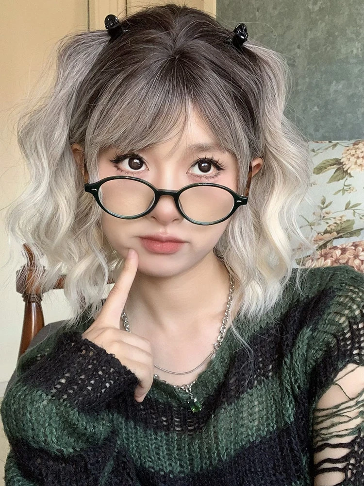 【魔女灰】辣椒油假发全头套短卷发网红自然黑白渐变酷整顶假发套