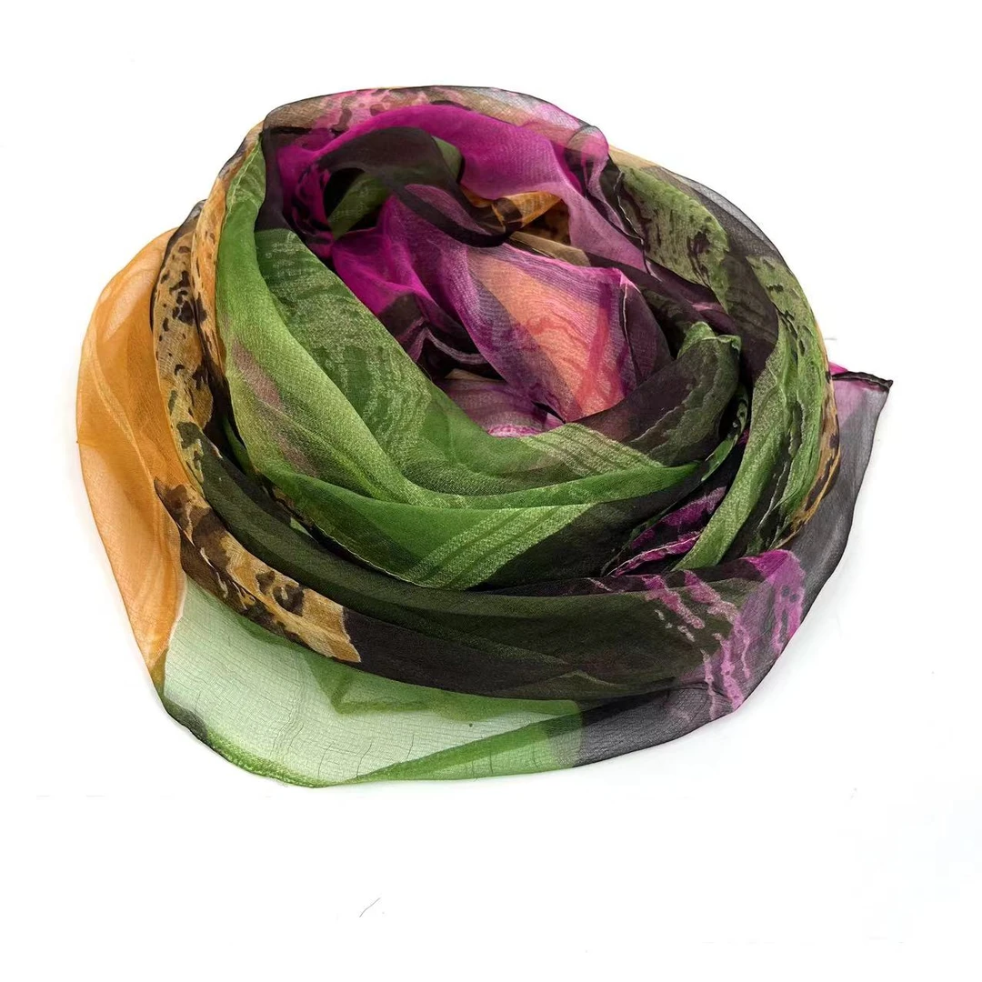 桑蚕丝丝巾薄款女士百搭真丝春季时尚美学气质感穿搭炫彩方块A007