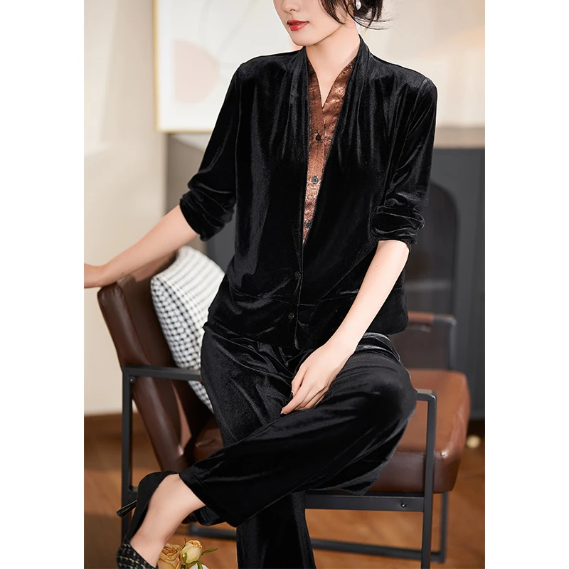 【两件套】迪欧芙2024年秋季新款显瘦高级黑色上下套装女#QTZ87081