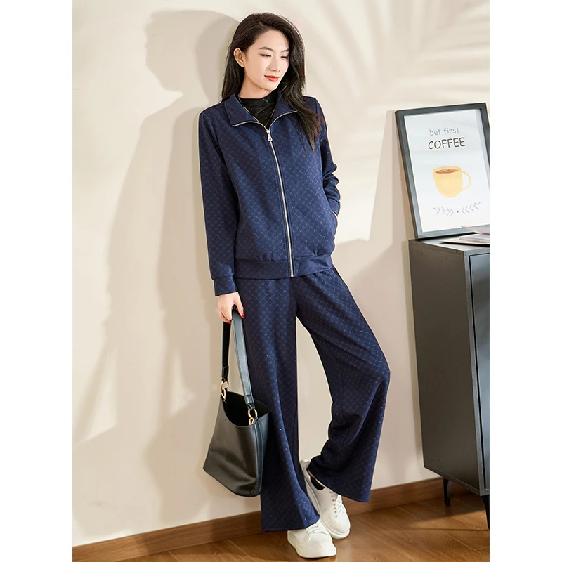 迪欧芙2024秋季新款藏青色时尚休闲运动上下长袖套装女#QTZ87479