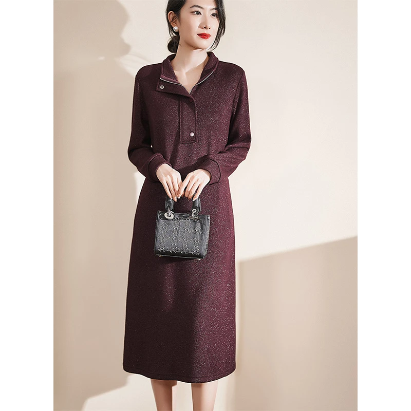 绛紫色立领显瘦迪欧芙2024年秋冬季新款长袖连衣裙女装#QLQ87337