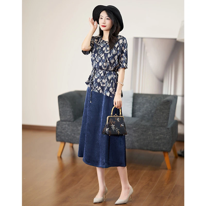 迪欧芙2024年夏季新款贵气花色真两件套装短袖连衣裙女#XTZ86949
