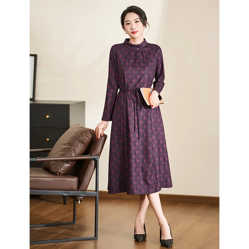 紫色立领轻奢气质迪欧芙2024年秋冬新款长袖连衣裙女装#QLQ17531