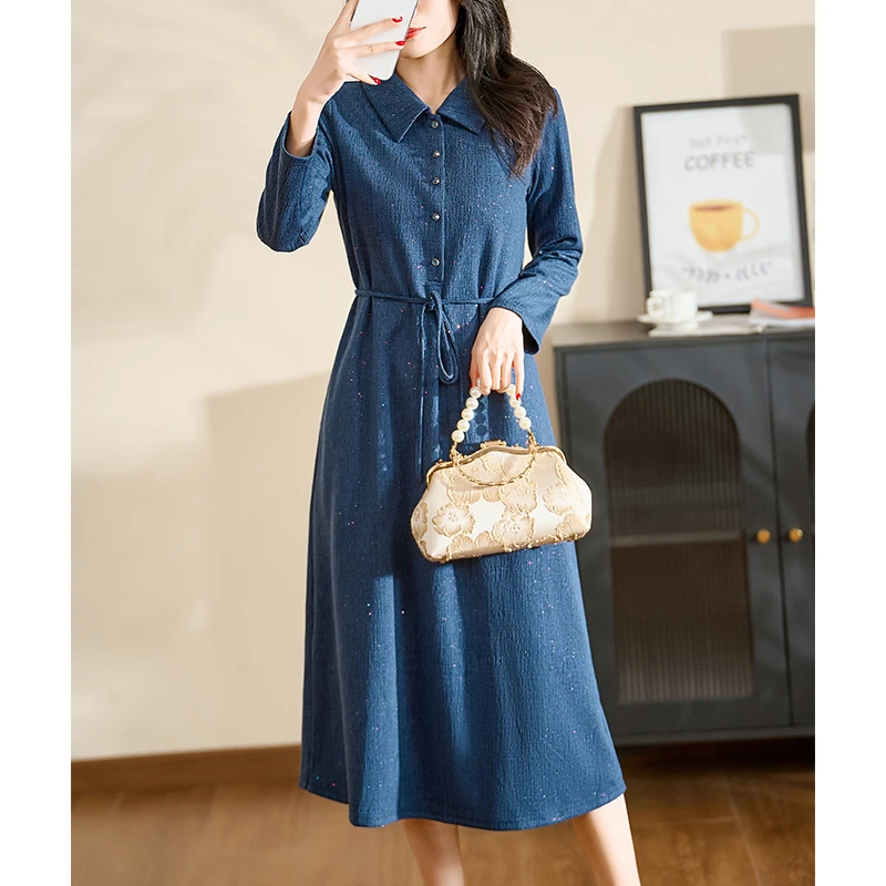 蓝色POLO领气质减龄迪欧芙2025秋冬新款长袖连衣裙女装#QLQ17505