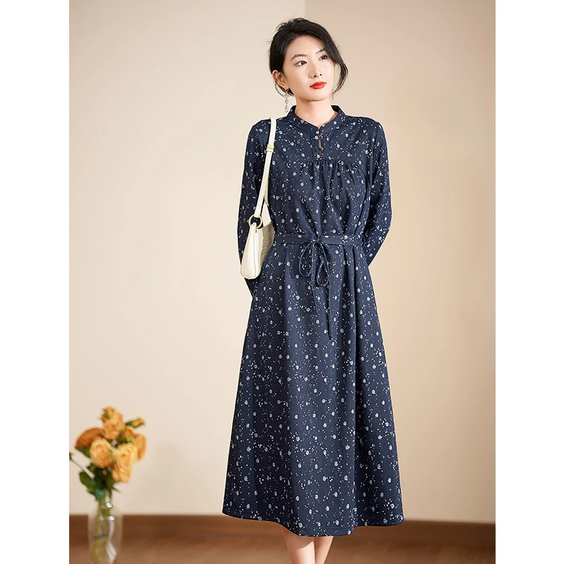 蓝色泼墨波点立领迪欧芙2024年秋季新款长袖连衣裙女装#QLQ17165