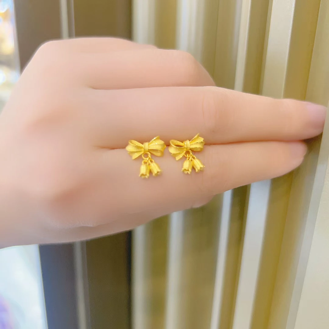 足金999蝴蝶结铃兰花耳钉耳饰精致百搭黄金首饰足金耳饰C023