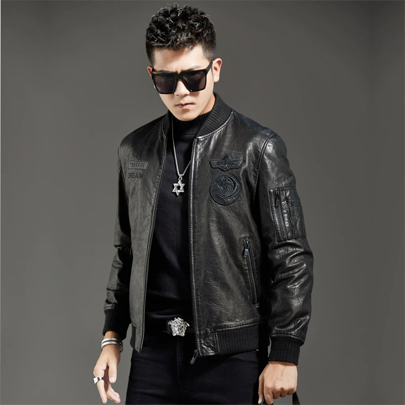 新款进口新西兰油蜡绵羊皮时尚真皮皮衣男士刺绣百搭短款皮夹克