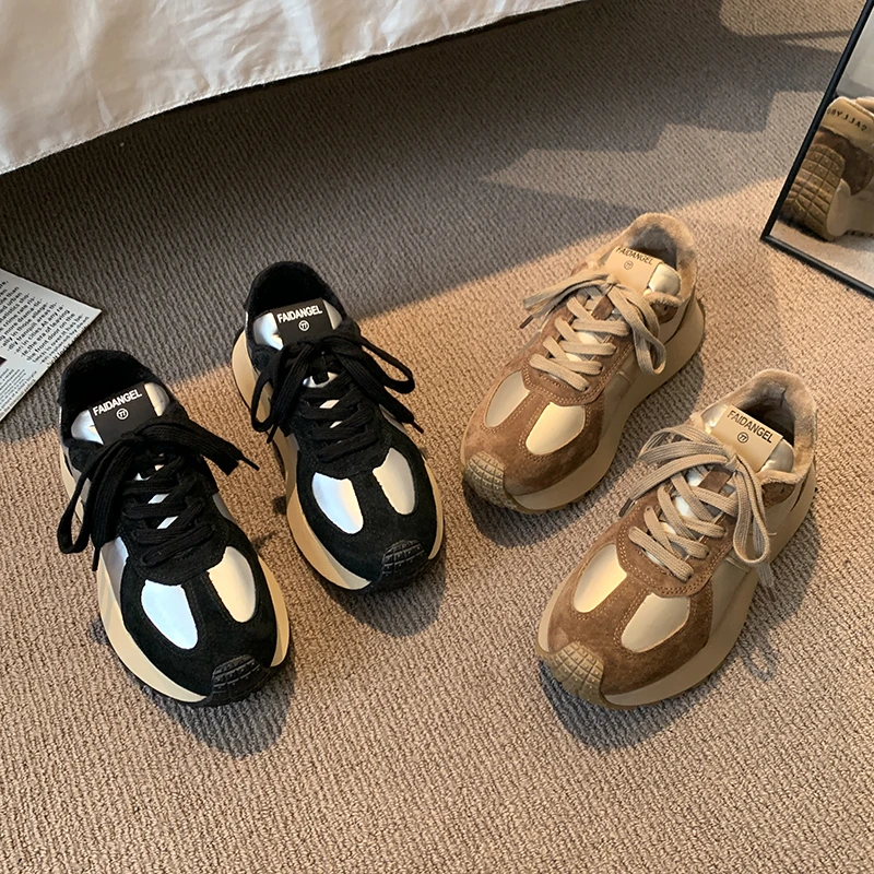 贾不假品牌-运动鞋女款2023秋冬新款法式复古厚底加绒休闲阿甘鞋