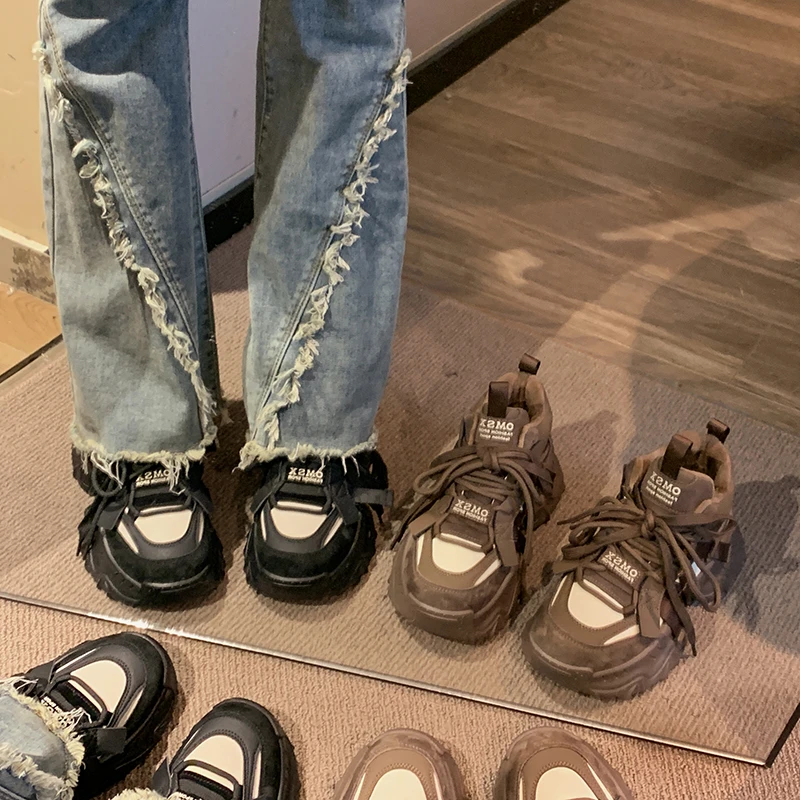 贾不假品牌-休闲运动鞋2023冬季新款复古增高厚底女款加绒跑步鞋