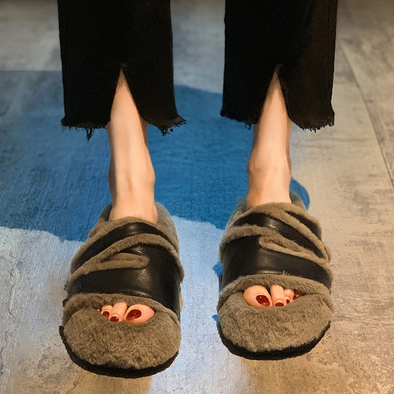 贾不假品牌-毛毛拖鞋女2023秋季新款外穿时尚百搭网红厚底一字拖