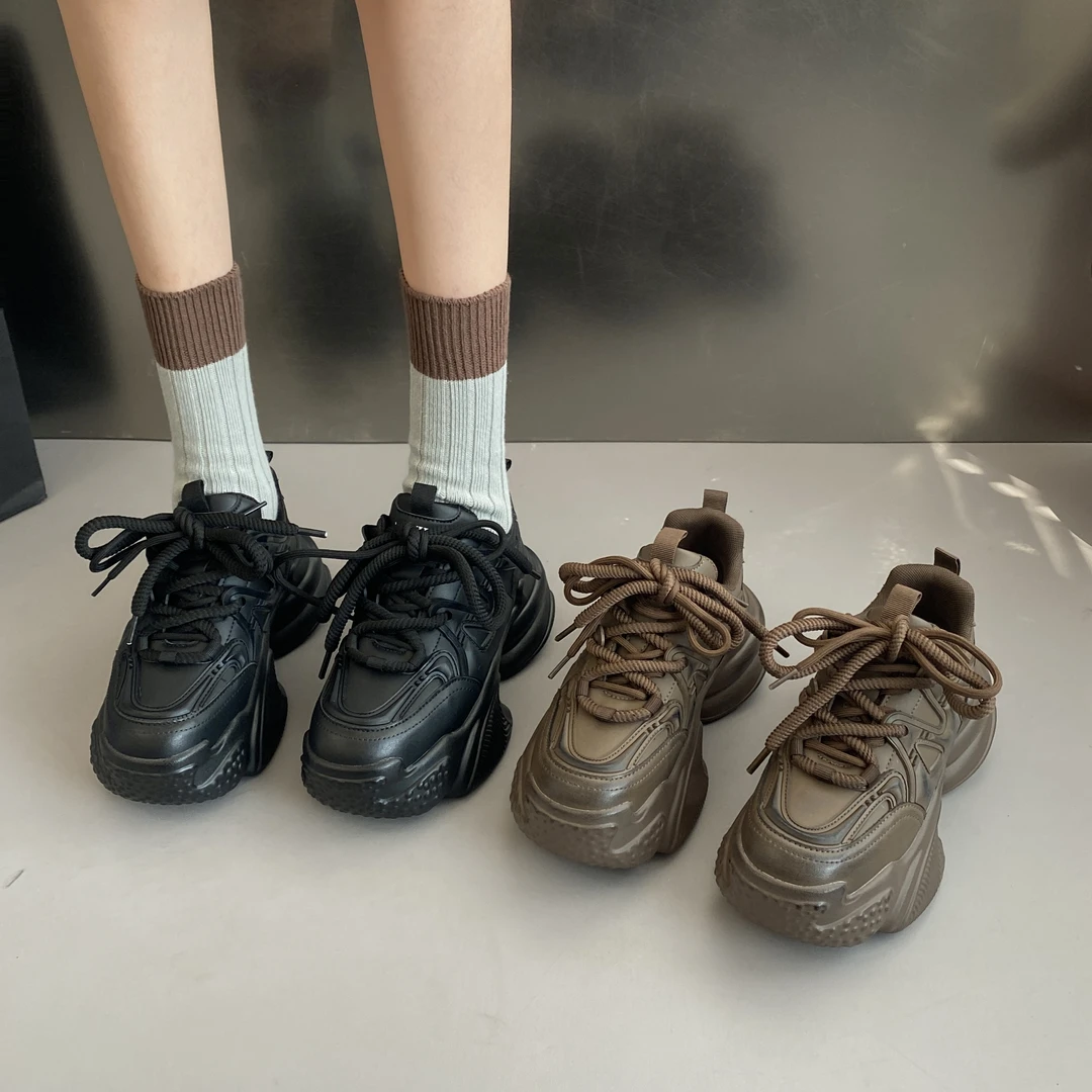 贾不假品牌-网红女款老爹鞋2023秋季新款黑色厚底百搭休闲运动鞋