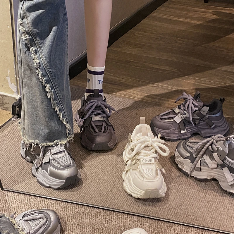 贾不假品牌-运动鞋女款2024春季新款时尚透气网红增高厚底老爹鞋