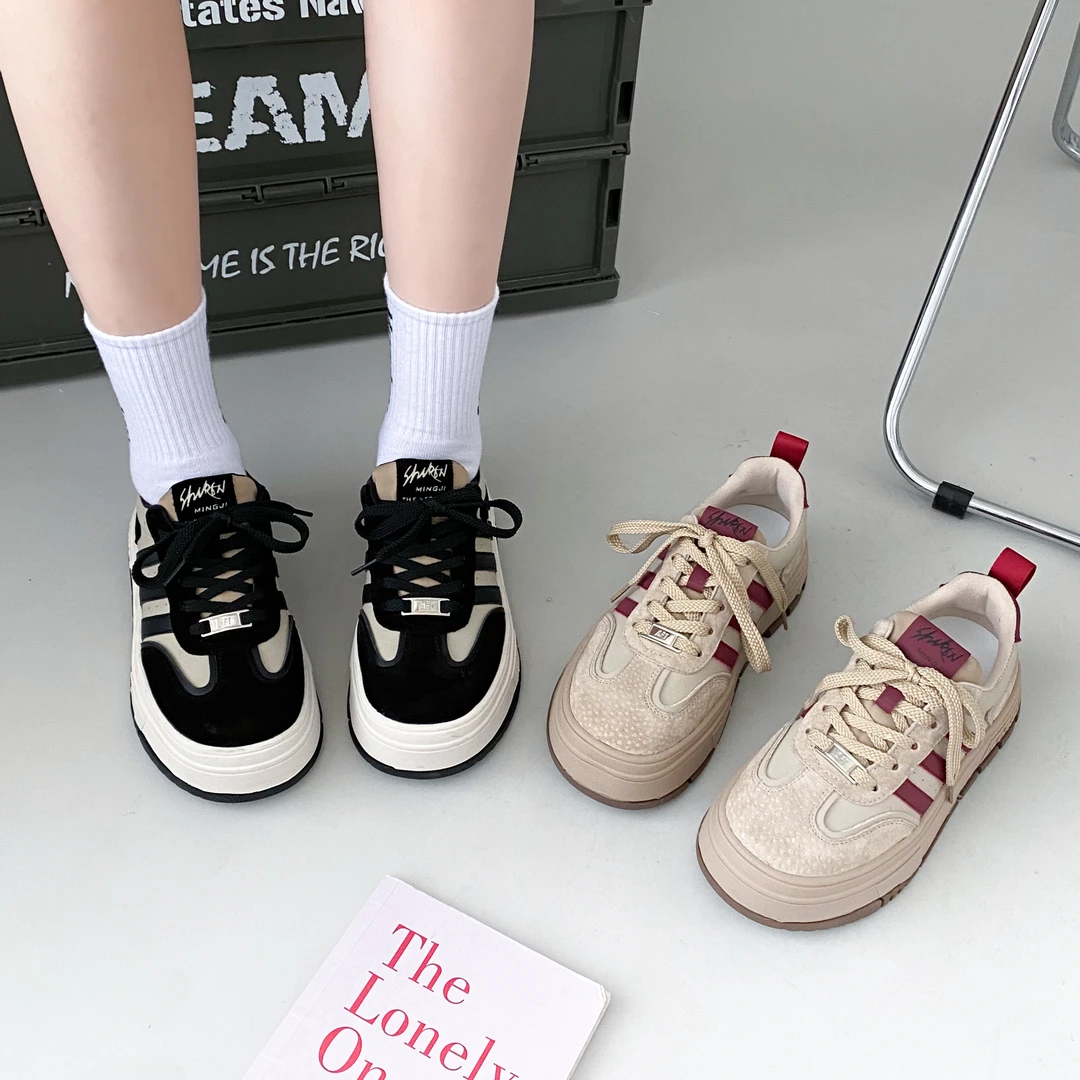 贾不假品牌-拼色系带板鞋女2023秋季新款学生时尚潮流休闲运动鞋
