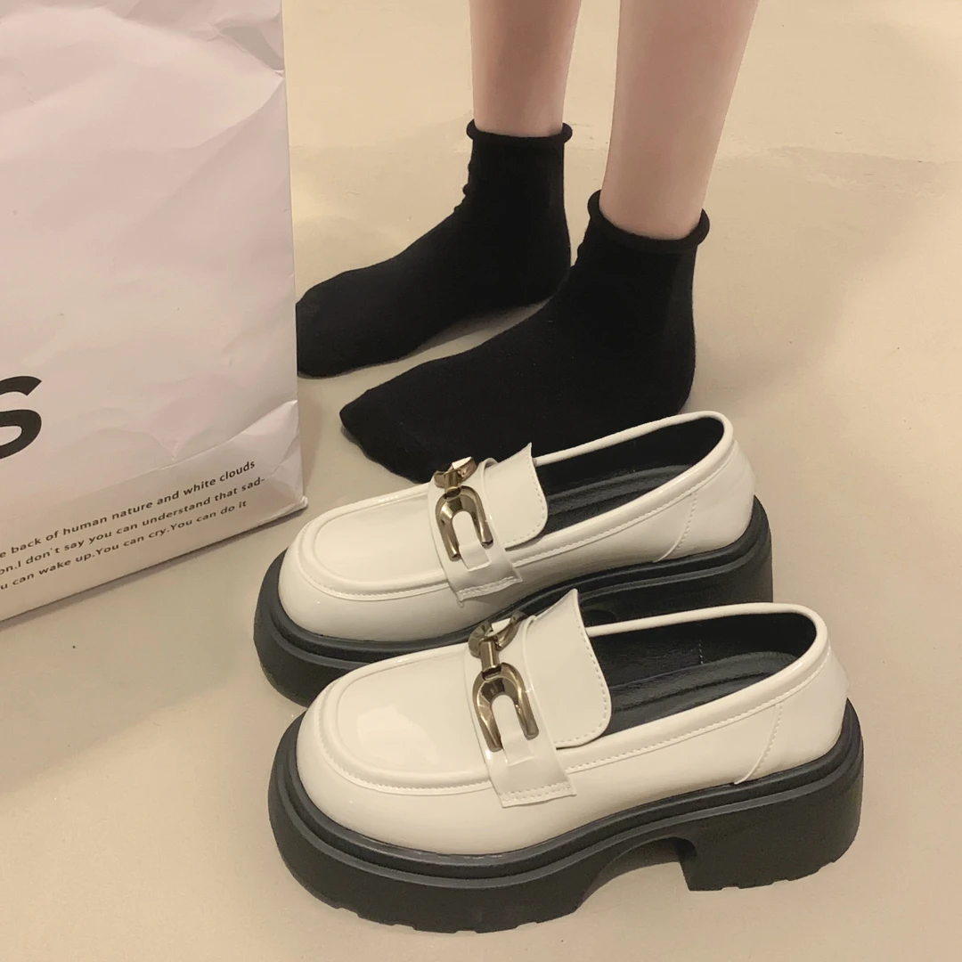 贾不假品牌-厚底增高乐福鞋女2023新款一脚蹬ins金属英伦风小皮鞋