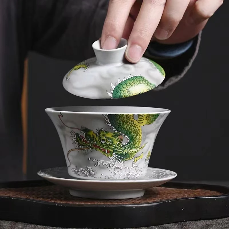 陶瓷三才盖碗青龙珐琅彩泡茶碗家用送礼中式瓷盖碗