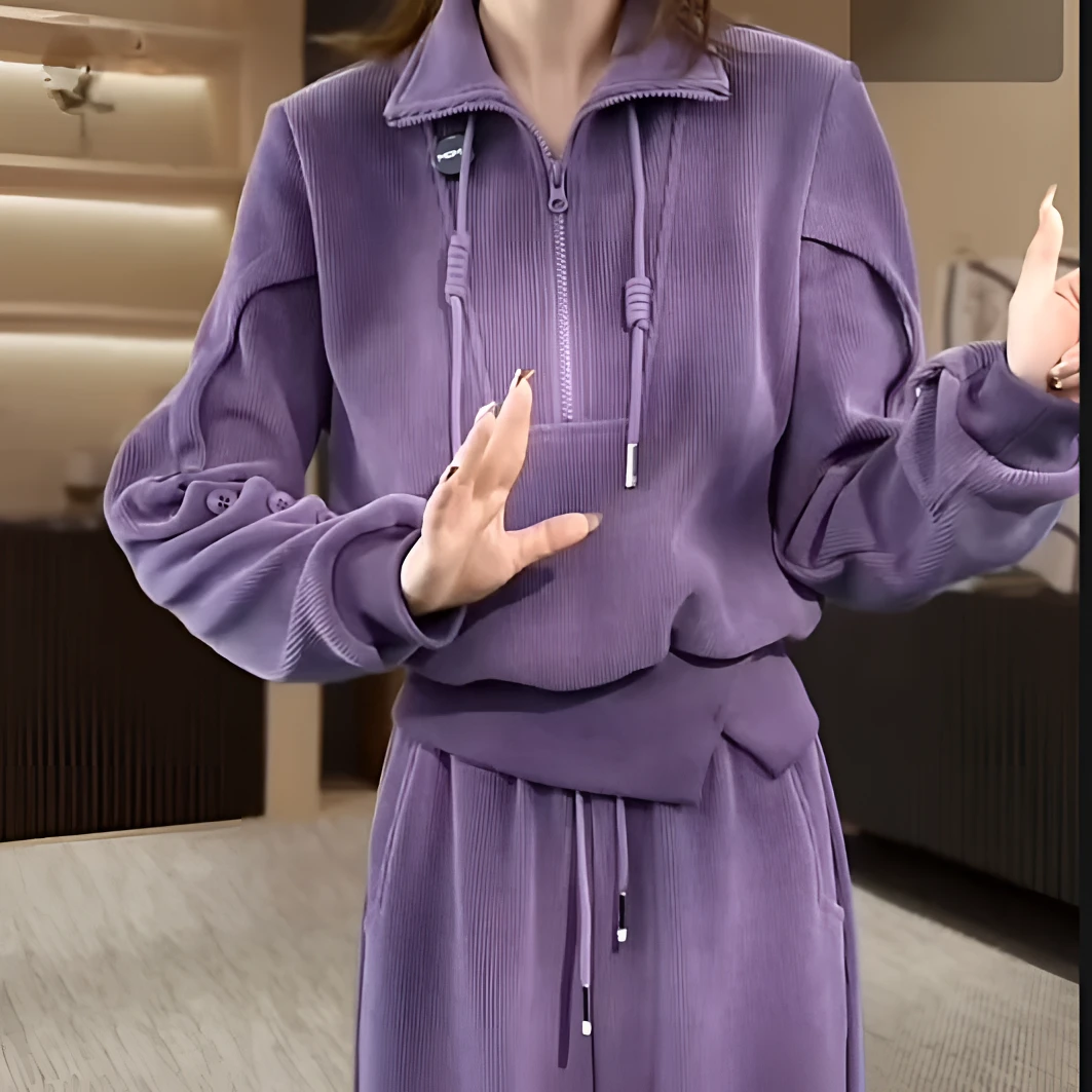 设计款气质宽松显瘦紫罗兰休闲时尚加绒轻奢套装秋冬季女紫色
