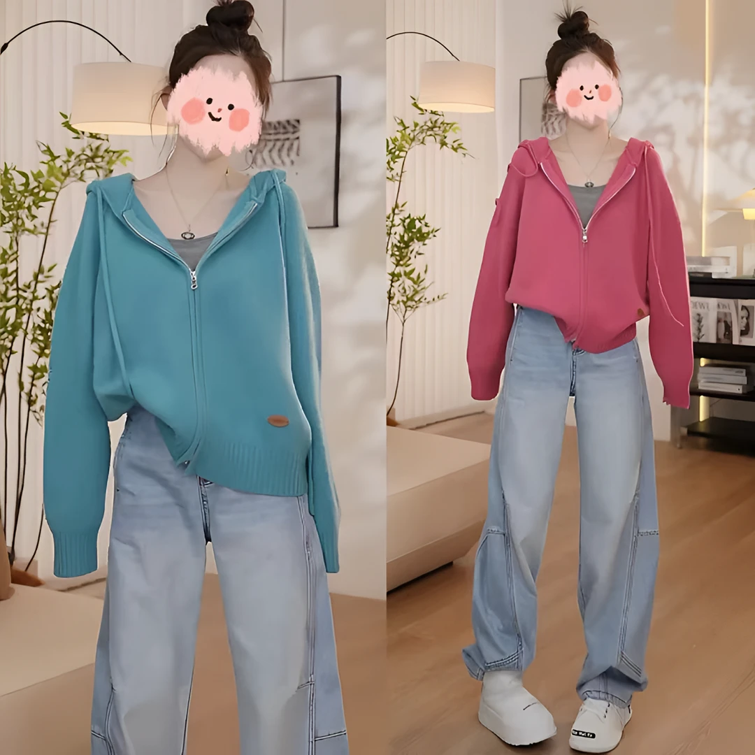 秋冬季时尚休闲慵懒风连帽拉链毛衣加绒牛仔裤两件套显瘦套装