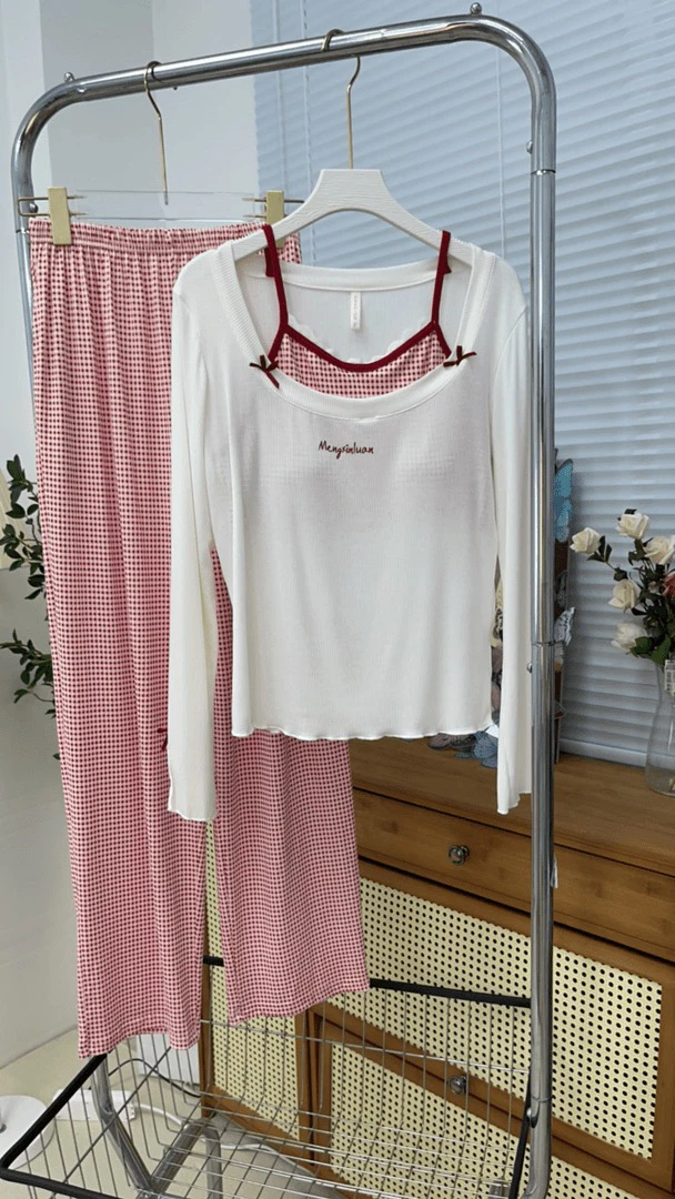 甜辣风长袖睡衣女春秋带胸垫休闲可外穿家居服套装