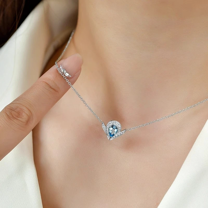 坠链均925银锆石 V形水滴项链925银镀金时尚锁骨链海洋之心坠链