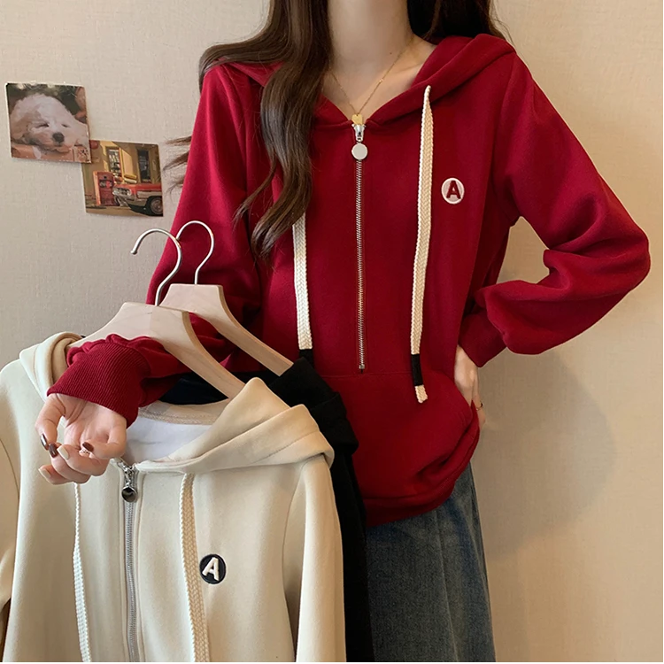 HH18160专享大码MM秋冬加绒显瘦红色上衣高端洋气遮肚子连帽卫衣