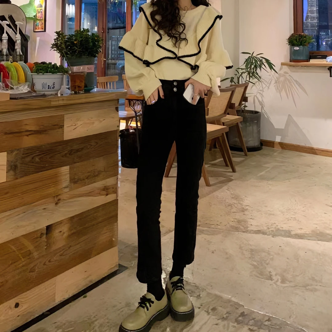 [芫荽私服] ‘’腿精刚需‘’ 新款高腰直筒开叉牛仔烟管裤.0178