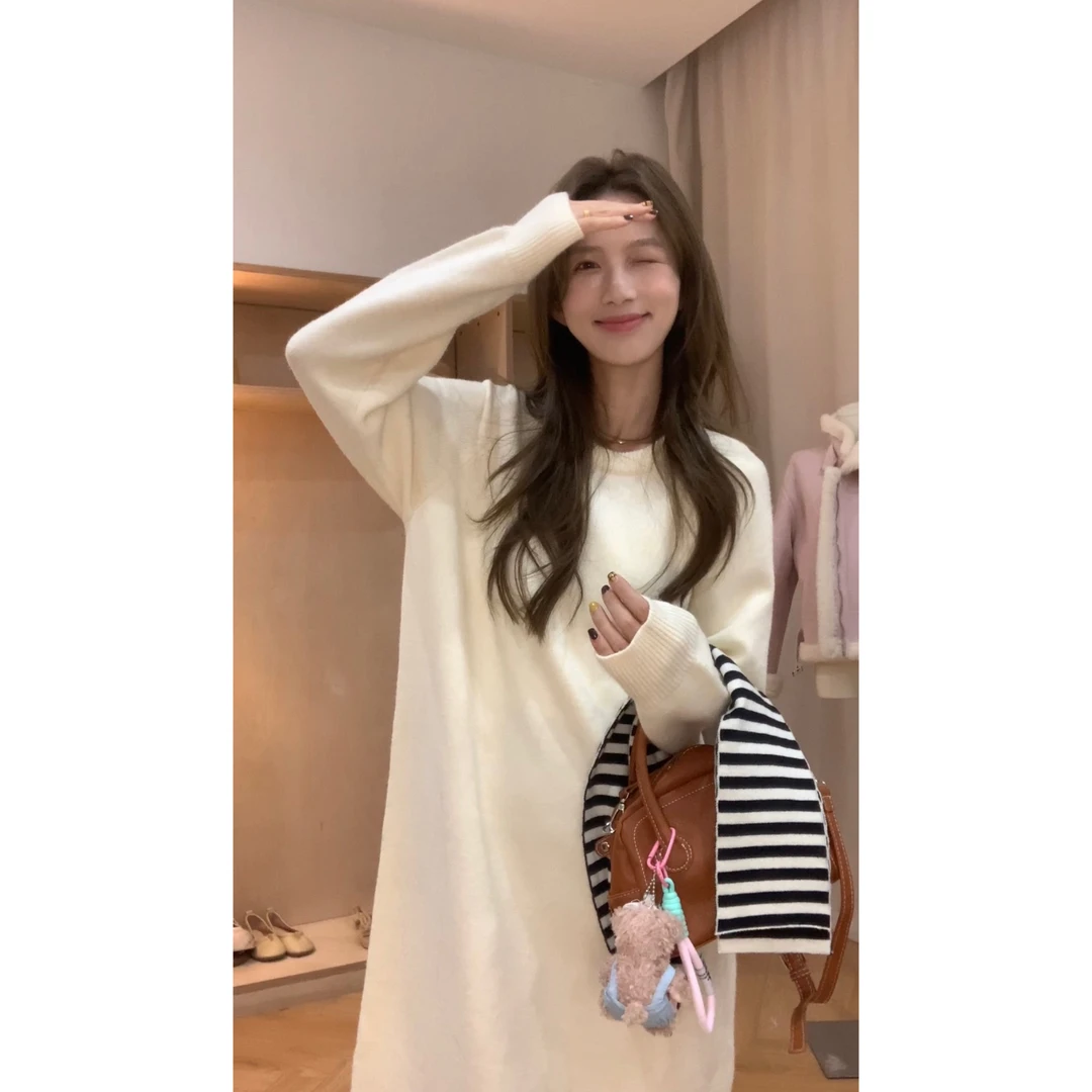 [YS] 圆领显瘦叠穿保暖毛衣裙（带条纹小围巾）~1029