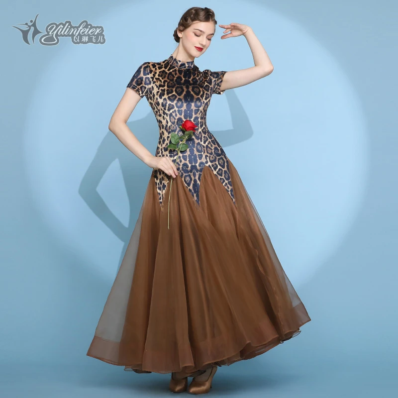 C位主咖 浪漫摩卡棕！丝绒豹纹摩登舞裙2116国标连衣裙华尔兹服装