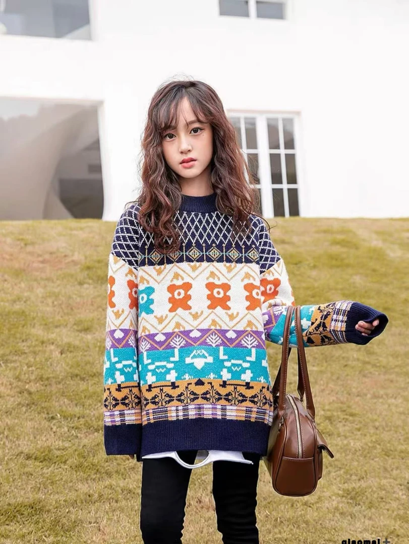 秋冬新款复古拼色毛衣小圆领设计针织加绒加厚冬季套头洋气保暖