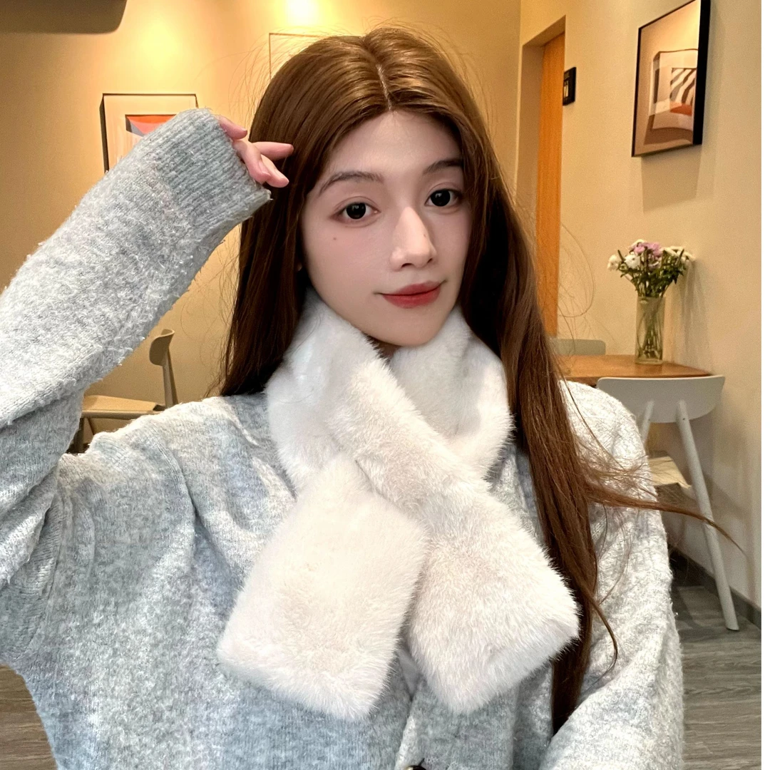 柔软毛毛围巾光板韩版日系秋冬ins毛绒少女围脖仿獭兔毛加厚交叉