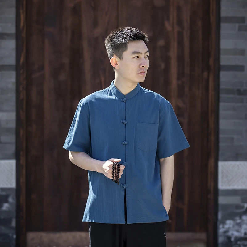 小扣唐装休闲男士夏季太极服居士服短袖版度假汗衫上衣唐装男款