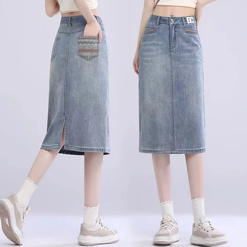 夏季薄款牛仔半身裙女2025时尚百搭中长裙高腰显瘦开叉包臀直筒裙