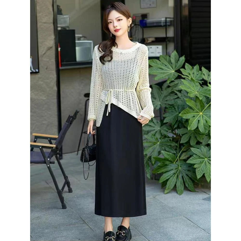 2024秋季新款收腰镂空不规则针织衫搭吊带连衣裙慵懒风两件套装女