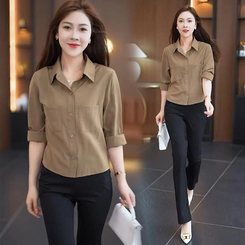 时尚洋气衬衫女2024夏季新款宽松遮肚显瘦百搭小个子短款长袖衬衣