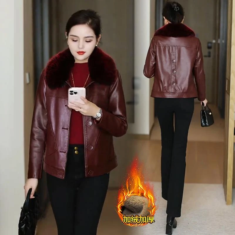 加绒加厚皮衣外套女2024秋冬季新款洋气时尚短款毛领保暖皮夹克潮