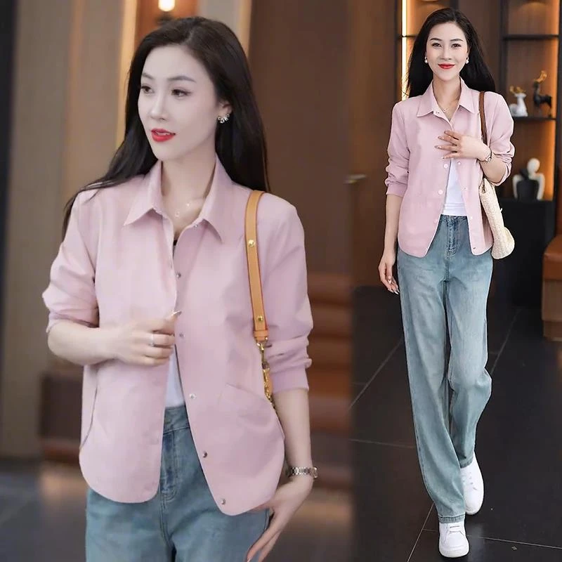 早秋薄外套女短款2024秋季新款简约百搭衬衣领上衣休闲棒球服夹克