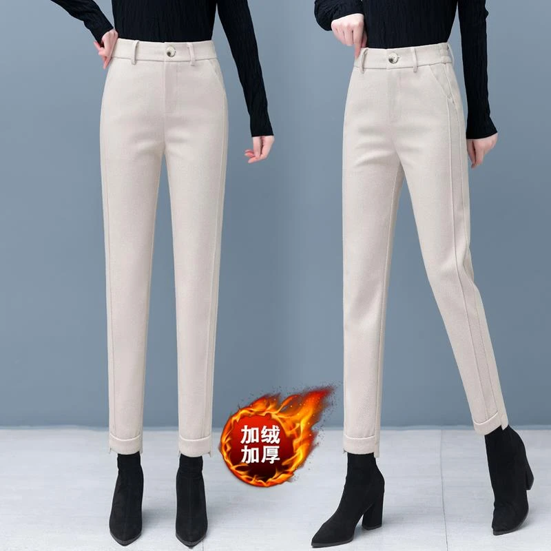 秋冬季烟管毛呢裤子女加绒加厚高腰哈伦裤2024新款窄版直筒小脚裤