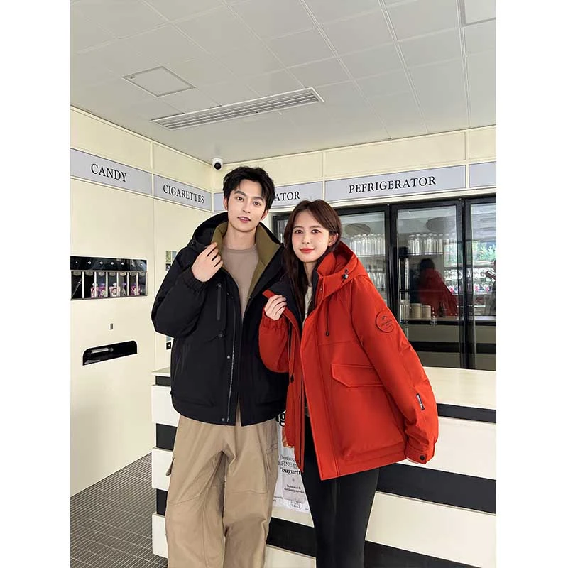 户外露营羽绒服情侣冬季工装短款连帽鸭绒外套6806