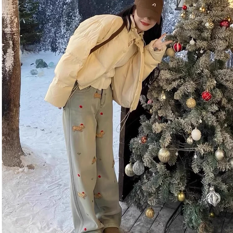 【小曹大码】腊肠狗绣花加绒直筒牛仔裤女2024阔腿裤-KXDM66668