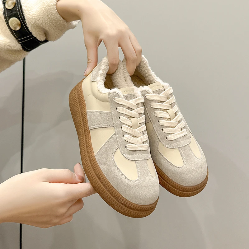 复古德训鞋女2025新款秋冬季拼色加绒厚底百搭系带保暖休闲女板鞋