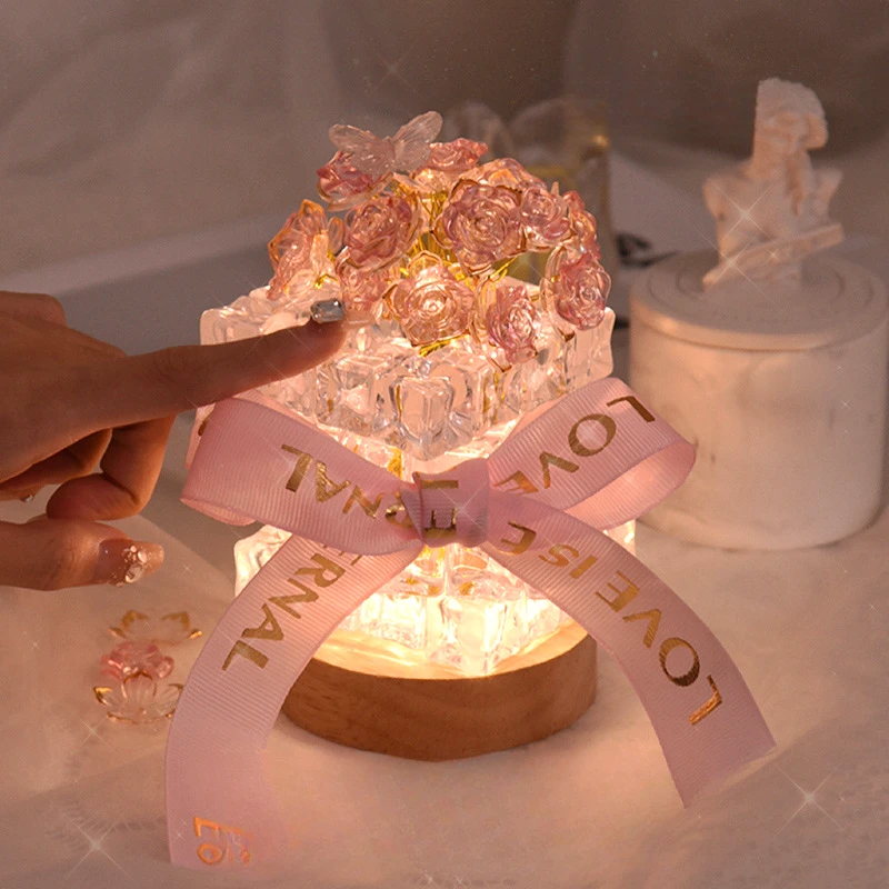 七夕 情人节浪漫手工diy玫瑰花小夜灯送闺蜜创意礼品发光礼物D634
