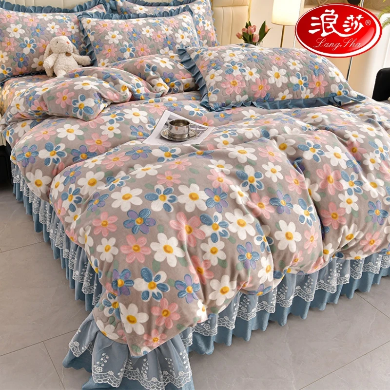 浪莎加厚牛奶绒被套罩单件冬季珊瑚绒加绒夹棉床盖款床单三四件套