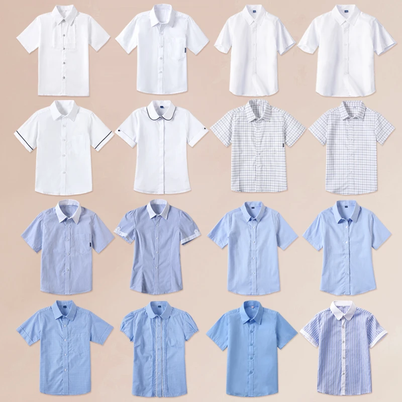 男童白衬衫短袖纯棉儿童礼服白衬衣女童小学生白色校服男孩演出服