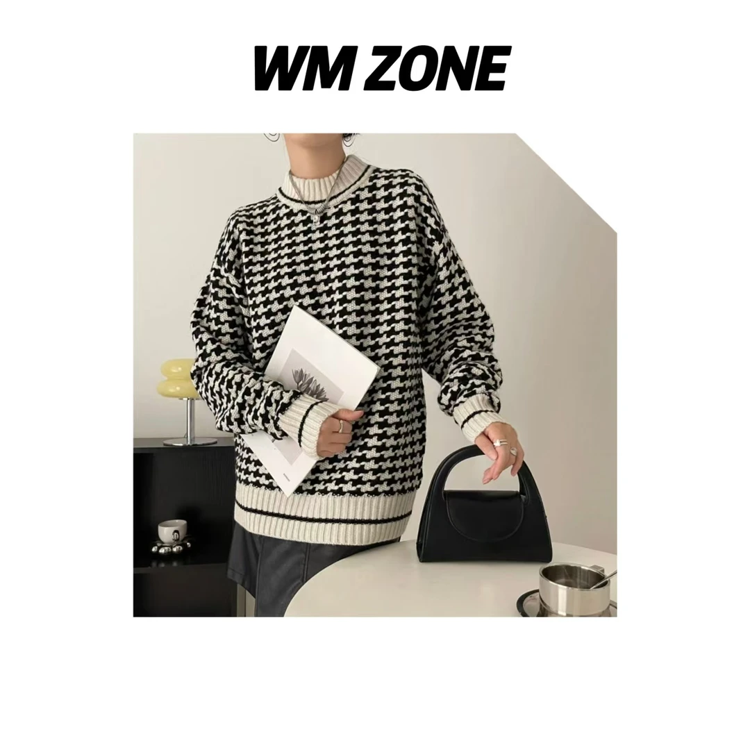 虎儿 3-2738 千鸟格圆领毛衣