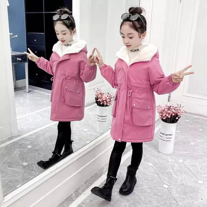 女孩冬季加绒风衣女童洋气外套2023新款中大童派克服加绒加厚棉衣