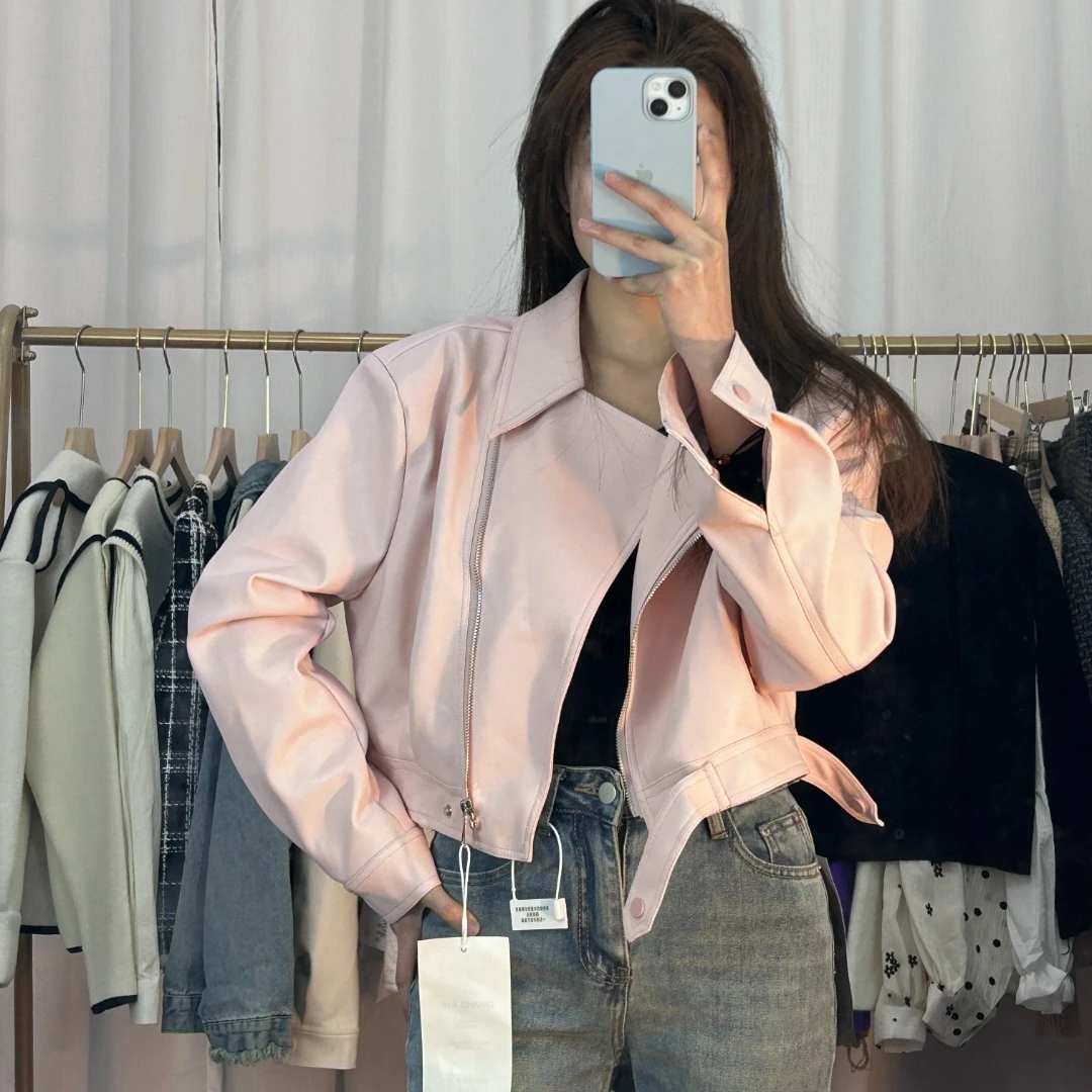 欧货翻领短款pu皮外套女2023春季新款高级感机车炸街小个子夹克