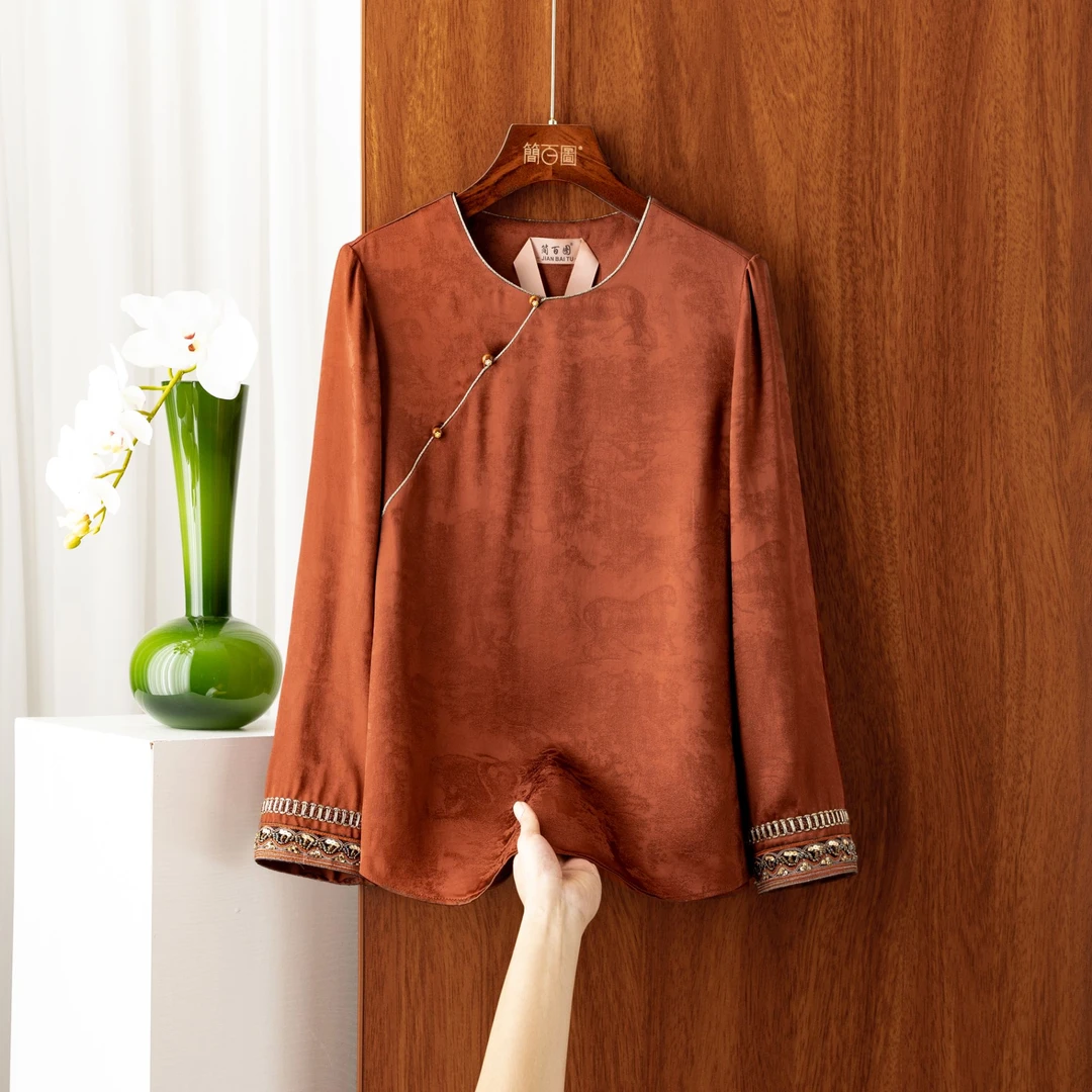 2025早春新品中式加厚加密提花圆领重工上衣显瘦遮肉百搭秋冬上衣