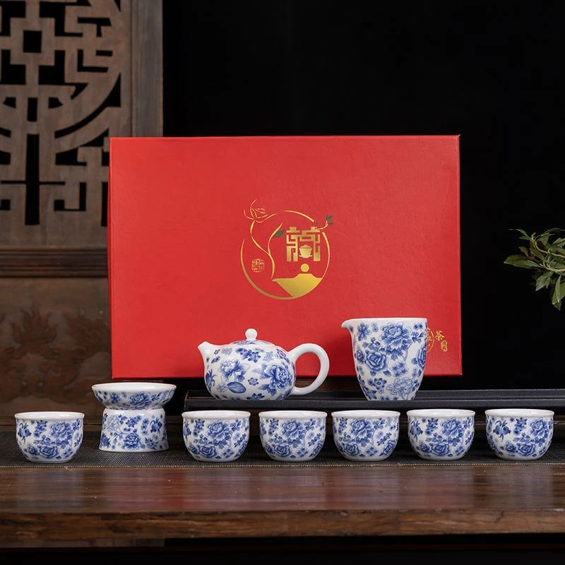 A 161(礼盒装)青花瓷牡丹花手工茶具套装中式复古家用礼盒装